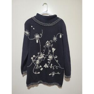 Victoria Woman Sweater Women 2X Black Pearl Beaded Floral Cowl Neck Tunic